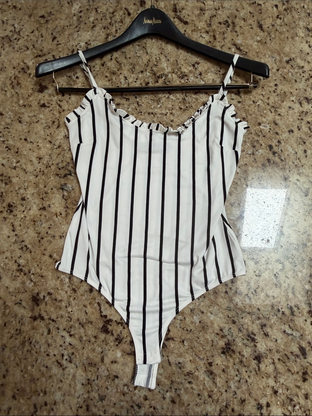 Blue Blush Black & White Vertical Striped Ruffled Bodysuit - Small